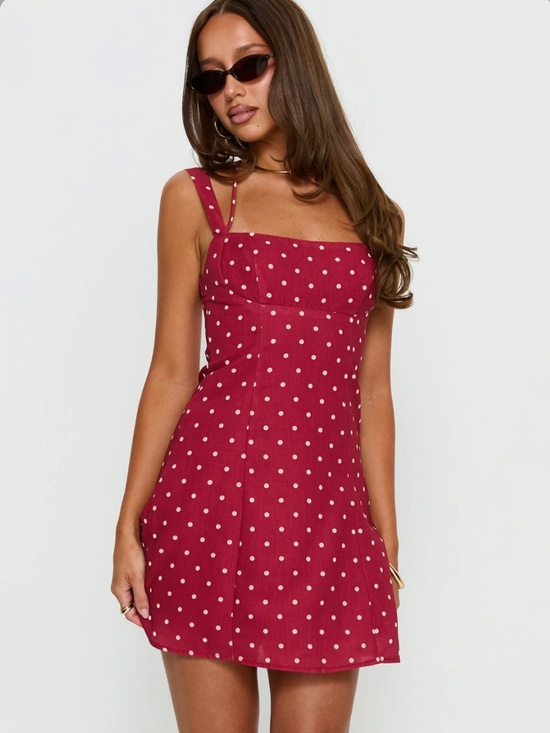 Princess Polly Dresses & Skirts - Princess Polly Burgundy Polka Dot Square-Neck Mini Dress